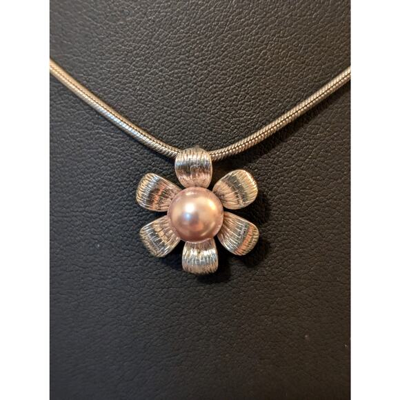 925 Sterling Snake Chain Pink Pearl Flower Pendant 18" Necklace - Picture 2 of 7